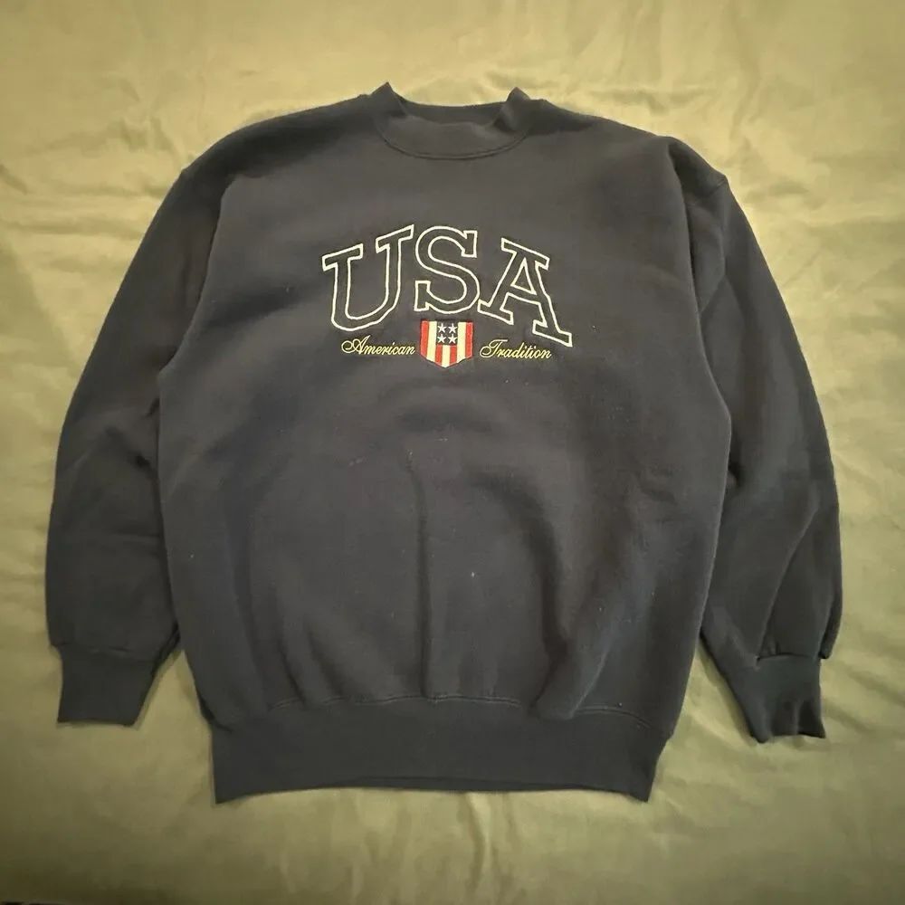 Vintage 90s USA American Tradition Sweatshirt Mens L Embroidered Flag Fleece